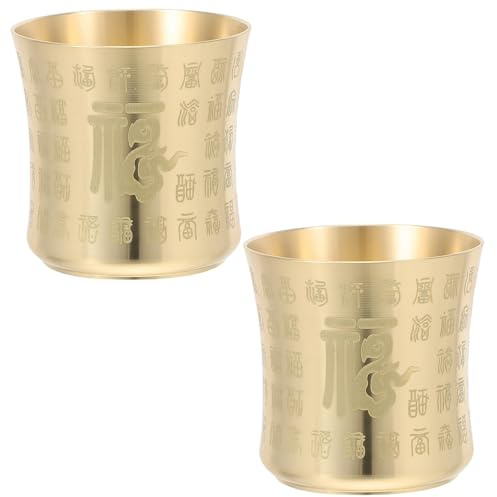 Mikikit Copa de Latón Retro 2 Piezas Taza de Té China sin Asa para Ceremonia Kung Fu Cáliz Budista para Ofrendas y Agua Consagrada Vaso de Degustación Asiático Decorativo