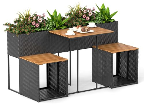 COSTWAY Gartenmöbel Set mit Hochbeet (Schwarz) | Kräuterbeet mit integrierten Stühlen, Balkonset, Balkonmöbel, Sitzgarnitur, Sitzgruppe für Garten, Balkon, Terrasse