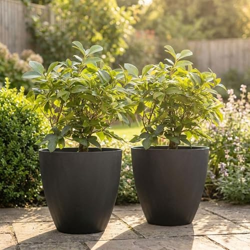 Nicoman Round Flower Planter Pot, W36.5cm x H35.5cm Charcoal, 25.6L Indoor/Outdoor Decorative Plant with Drainage Hole, Durable Basin for Patio, Garden and Home Decor (Smooth, Pack of 2)