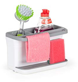 ROSMARINO Spülbecken-Organizer | Sink Caddy für Küche mit Utensilien-Korb | Mit Abflusspfanne & Klebstoff | Dual-Use für Schwamm, Bürste & Seifenschale | Elegantes Weiss