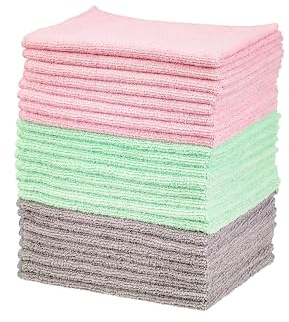 Amazon Basics Microfiber Cleaning Cloths, Ultra-Soft and Highly Absorbent, Streak-Free, Lint-Free, Scratch-Free, Washable, for Car Detailing and Glass Cleaning, 16 x 12, Green/Gray/Pink, 24-Pack