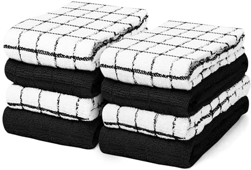 Westlane Linens 40x64 cm Cotton Tea Towels for Kitchen – Soft Dish Cloths, Lint-Free Cloths, and Kitchen Towels Set (Solid Black and Yarn Dyed Black, Pack of 8)