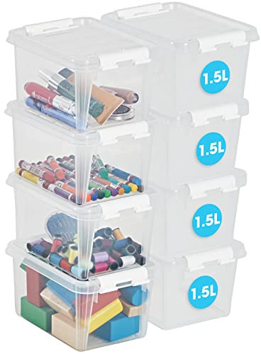 SmartStore cajas de almacenamiento trasparente de plástico de 1.5L con tapas - Juego de 8 - Apilables y encajables - Garantía de 10 Años - Seguras para Alimentos- Cierre con Clips L20 x An15 x Al11cm