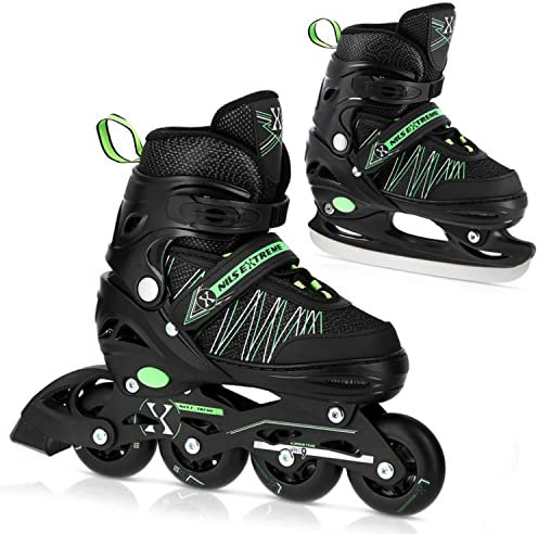 Nils Extreme 2in1 Kinder Schlittschuhe 39-42 Sport Fitness für Kinder und Jugendliche, schwarz-grün, NH11912, ABEC9 Kugellager, Gummiräder, mit Größenverstellung