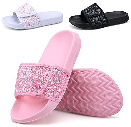 ydscsci Girls Slide Sandals Glitter Sequins Pool Sliders Kids Shower Slippers Beach Flip Flops Hook and Loop Non-slip Thick sole Little Kid Pink Size 12