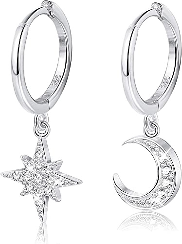 Adramata Ohrringe Silber 925 Damen Hypoallergen Creolen Hängend Asymmetrische Mond Stern Klein Creolen Ohrringe Für Damen Mädchen Kinder