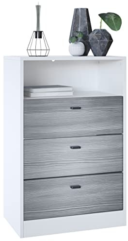 Vladon Kommode Pino V2, Made in Germany, Anrichte mit 3 Schubladen & 1 offenem Fach, Weiß matt/Avola-Anthrazit (56 x 86,5 x 36 cm)