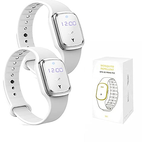 Pulsera repelente de mosquitos, pulsera ultrasónica repelente de mosquitos, reloj electrónico con función de reloj, recargable por USB, pulsera repelente de mosquitos (paquete de 2, blanco)