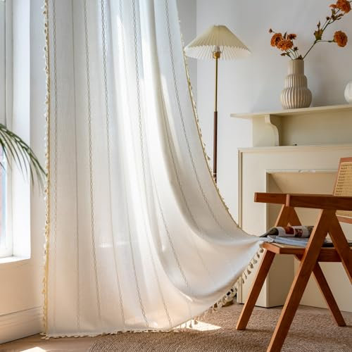 Sutuo Home Tende Boho per camera da letto, lunghezza 213 cm, filtraggio della luce, stile rustico vintage, shabby chic, con nappe, decorazione per finestra bohémien con ricamo, con tasca per asta, 1