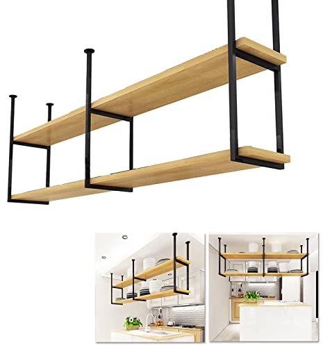 Liyadolaam Floating Shelves Decorative 2 Tier Wood Shelving, Kitchens Storage Rack with Ceiling Hanging Metal Iron Frame Plant Shelf Flower Pot Stand Wine Holder for Bars,Living Room/Restaurants
