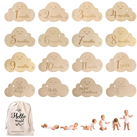 Tarjetas de hitos de madera para bebé, tarjetas mensuales regalos: YOYIAG 8 unidades de tarjetas de hitos para embarazo, hitos en discos de madera nobles, tarjetas de hitos para nacimiento baby shower
