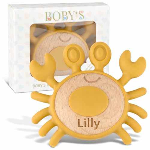 Personalisierter Beißring mit Wunschname & Gravur – Holz & Silikon, BPA-frei, Zahnungshilfe, Greifring & Babyspielzeug, personalisiertes Geschenk zur Geburt, Taufe & Babyshower