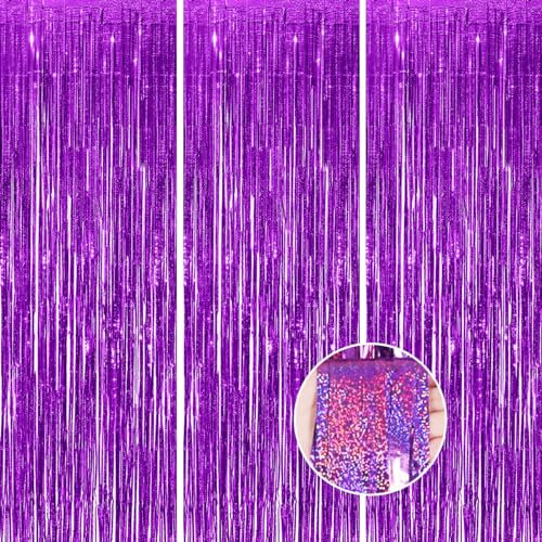 Fransenvorhang, 3 Stück, lila, dick, glitzernd, Lametta-Folie, Party-Dekorationen, 1 x 2,5 m, Foto-Hintergrund für Geburtstag, Junggesellinnenabschied, Brautparty, Babyparty, Abschlussfeier, Party,