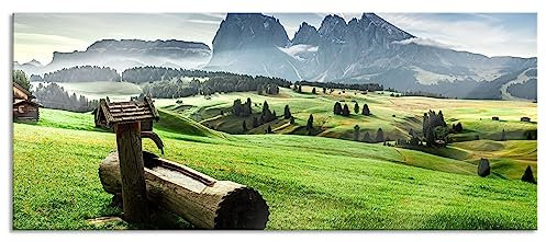Pixxprint Glasbild Panorama, Wandbild aus Echtglas, Wassertrog auf Wiese in den Dolomiten, 120x50 cm, inkl. Aufhängung und Abstandshalter