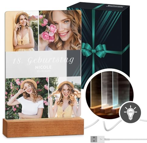 Maverton beleuchteter LED-Rahmen mit eigenem Foto - personalisiertes Acrylglasbild mit Holzständer mit LED-Beleuchtung - Glasfoto für Frauen zum Geburtstag - Größe: 15x24x4,5cm - Geburtstagsfest