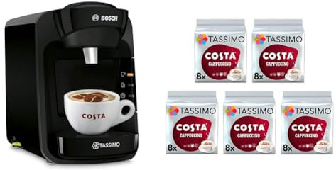Tassimo by Bosch Suny 'Special Edition' Black, Single Serve Capsule Coffee Machine with Costa Cappuccino starter bundle x 40 drinks