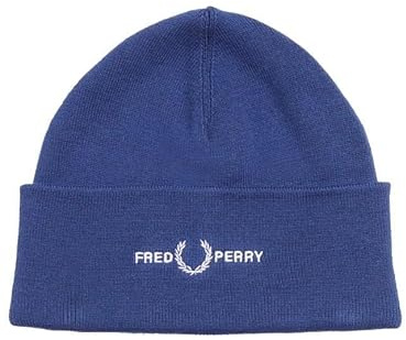 Fred Perry Herren Damen Unisex Klassische Baumwollmischung Grafik Beanie-Mütze mit Logo in Französisch Marineblau - Einheitsgröße