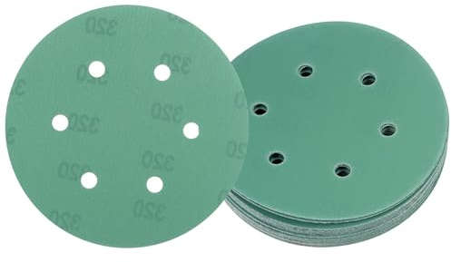 Kozelo 25pcs Green Film Sanding Discs - [6 Inch 320 Grits 6 Hole ] Round Aluminum Oxide Hook & Loop Wet Dry Sander Pads for Wood Metal Polishing Use| Zirconium Corundum Sandpaper