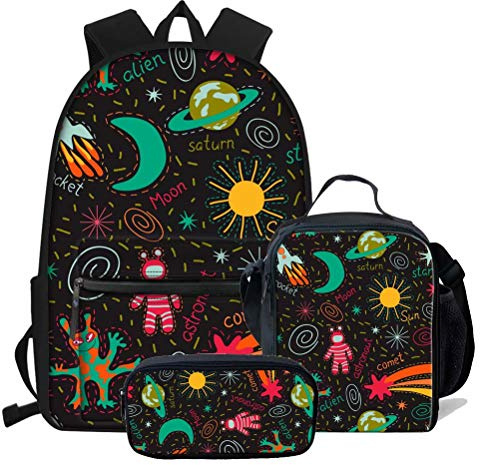 fifbird Cute P-Lanet Backpack Sets Elementary Students School Laptop Bagpack+Outdoor Picnic Cooler Warm Lunch Tote Pouch+Zipper Canvas Closure Pencil Case Pen Holder