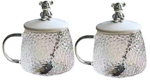 MOTUZEIYY Set von 2 Bär Becher mit Deckel und Löffel Kaffeegläser Espresso Tassen aus Borosilikatglas für Eiskaffee, Cocktail, Smoothie Glas, Bier, kalte Tassen,Clear