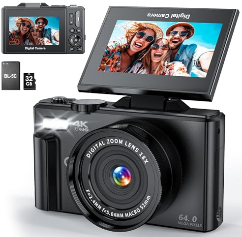Fotocamera digitale 4K per fotografia, WiFi 64 MP UHD Vlogging fotocamera con zoom digitale 18x, obiettivo super grandangolare, 3 pollici 180 ° Flip Screen, scheda SD da 32 GB, doppia batteria,