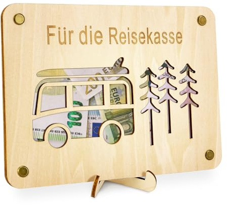 TAKULA Wohnmobil Spardose 20x15cm Holz Reisekasse für Camper Urlaub | Wohnmobil-Design mit detailreicher Prägung. Hergestellt aus Holz. Geeignet für die Reisekasse zu Hause, als Camping-Deko