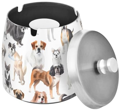Dog Breeds Ashtray with Lid, Outdoor Ashtrays for Patio, Stainless Steel Ashtray Odorless Smokeless for Home Office Balcony