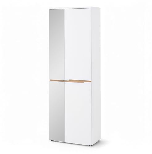 Memphis Garderobenschrank mit Spiegel Weiß und Artisan Eiche Optik | 65 x 192 x 38 cm (B/H/T), Flur Schrank mit 4 Böden, ausziehbare Kleiderstange, viel Stauraum, moderne Griffleisten Flur Set