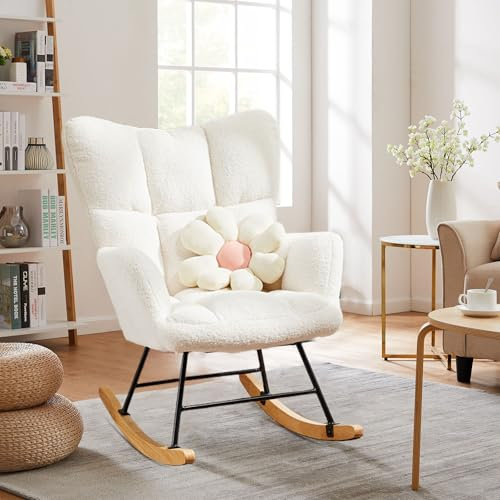 Refined Living Skandinavischer Schaukelstuhl – Ergonomischer Still- und Relaxsessel, Gepolstert, Massivholz, 120 kg Tragfähigkeit, für Wohnzimmer, Beige