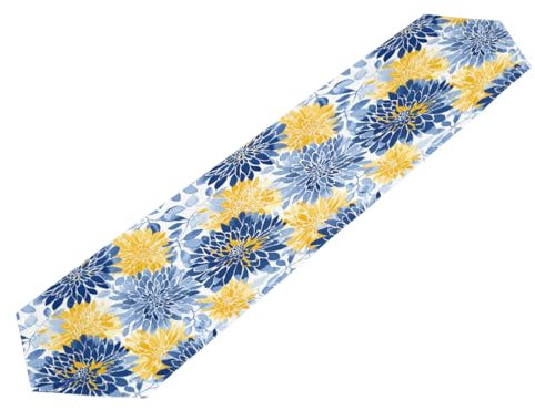 Mexpekil Camino de mesa de poliéster con diseño de crisantemo azul y amarillo, para mesas de comedor, Pascua, boda, vacaciones, fiestas, 33 x 228 cm