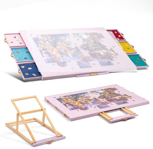 Tektalk Flanellstoff-bedeckter Puzzle-Tisch mit integriertem verstellbarem Ständer und Abdeckung, tragbare Puzzle-Platte mit 6 Sortierschubladen, für bis zu 1500 Teile – lila