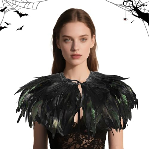 GTJEOI Federkragen Schwarz, Federumhang Damen, Federschal Umhang, Feder Achselzucken, Federkragen Schwarzer Kostüm Damen für Halloween Fasching Karneval Cosplay Maskerade