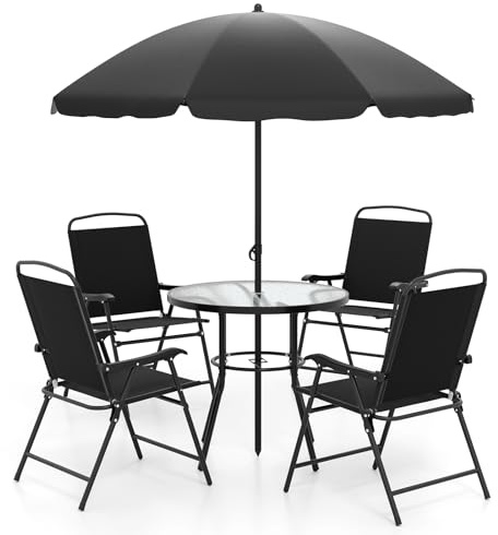 COSTWAY Conjunto Jardin Exterior de 6 Piezas, Mesa Redonda de Vidrio Templado, 4 Sillas Plegables con Brazos y Sombrilla, Muebles Comedores Jardin Terraza Balcon Exterior