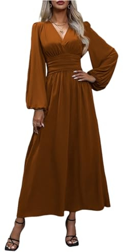 Sommerkleid Damen Lang Elegant V-Ausschnitt Wickelkleid Laternenärmeln Abendkleider Langarm Tunika Kleid Hohe Taille Festlich Maxikleider A-Linie Freizeitkleider Braun XL