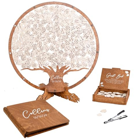 Wooden Tree Wedding Guest Book Alternative – Unique Drop Box Frame with Wooden Leaves, Rustic Wedding Decoration, Personalized Guestbook Set with Markers & Stand for Reception or Anniversary