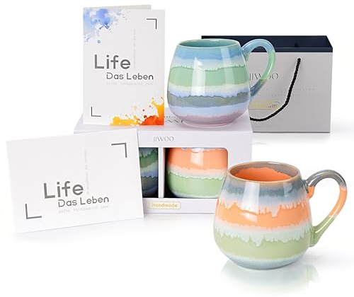 Jiwoo 566ml große kaffeetasse Handgefertigte 2er Set Tassen aus Modern Bone China, Kaffeebecher mit schöner Verpackung und Grußkarte, Teetassen mit Griff für Kaffee, Cappuccino, Latte Macchiato, Tee