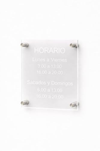 TIBRYN Letrero V2 – 25x19Cm – Cartel Horario Personalizable Grabado a Láser para Negocio Metacrilato Transparente – Placa Exterior e Interior – Texto Personalizado Tiendas, Oficinas y Restaurantes