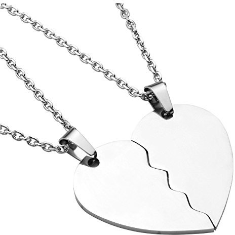 PiercingJ personalizzato incisione 2 pezzi in acciaio inox 32 mm due metà cuore ciondolo collana dell'amicizia partner ciondolo con catena 24 per uomo donna argento e Acciaio inossidabile, colore: