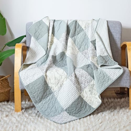 Soul & Lane Memory Lane 50 x 60 Cotton Quilted Throw Blanket, Sage Green Patchwork Throw Quilt for Couch, Lightweight Pieced Lap Quilt with Neutral Modern Farmhouse Style