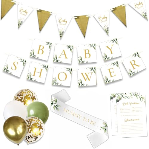 Baby Shower Unisex 24pcs Decoration Bundle Sage Green Gold - Neutral Gender Reveal Banner Garland, Bunting, Confetti, Latex Balloons And Sash For Mum To Be - Botanical Decor For Girls And Boys
