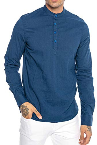RED BRIDGE Camisa de Lino para Hombre Suéter Casual Tunik-Straight Azul XXL
