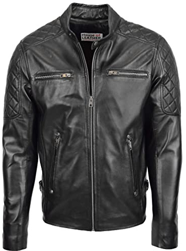 Chaqueta de motociclista de cuero real para hombre con detalles Jackson, Negro, L