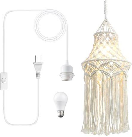 Boho Lamp Plug in Pendant Light, 15 FT Hanging Lights with Plug in Cord, Hanging Lamp with Handmade Macrame Lamp Shade, On/Off Switch, Hanging Light Fixture for Bohemian Decor Bedroom Living Room