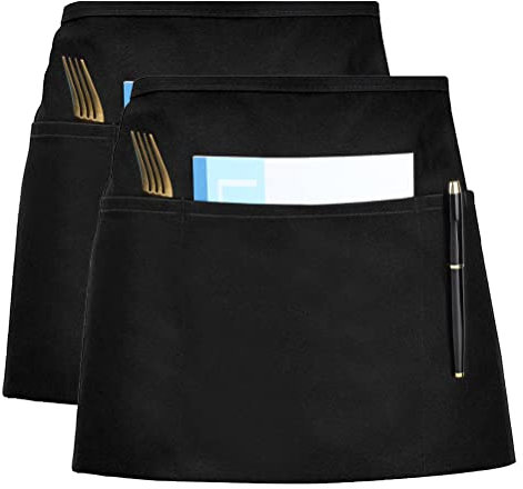 Yoosso 2 Pezzi Grembiule, Grembiuli da Cucina Grembiule Nero Cameriere con 3 Tasche per Uomo Donna Ristorante Bar Cucina