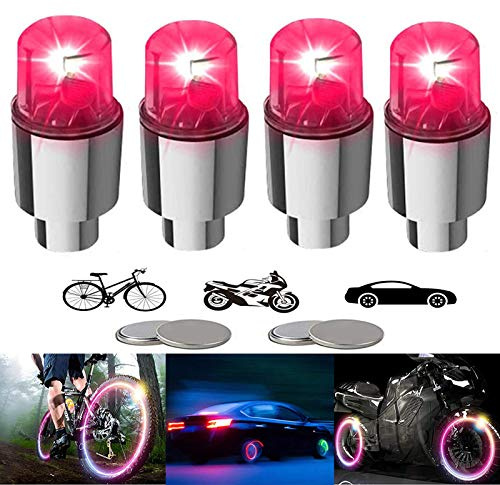 YUERWOVER 4 Pack LED Bike Wheel Lights Car Tire Valve Stems Caps Bicycle Motorcycle Waterproof Tyre Spoke Flash Lights Cool Reflector Accessories for Kids Men Women with 10 Extra Batteries(Red)