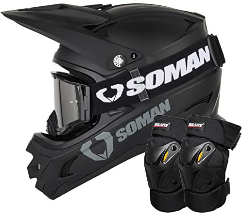 Crosshelm Fullface Set Downhill-Helm Für Erwachsene Und Kinder Mit Brille Knee Pads DOT/ECE Zertifiziert Motocross-Helme Für BMX MTB Quad Bike Enduro ATV Unisex (Matt Schwarz, S-XXL)