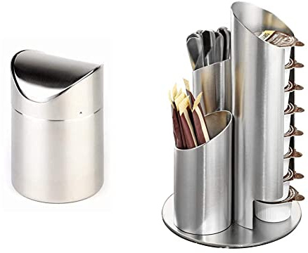 APS Tischrestebehälter, matt poliert, Durchmesser Ø 12 cm, 17 cm Höhe & Esmeyer 400-2647 Portionsspender Multi aus mattiertem Edelstahl, für Milchdöschen, Zuckertüten und Rührstäbchen