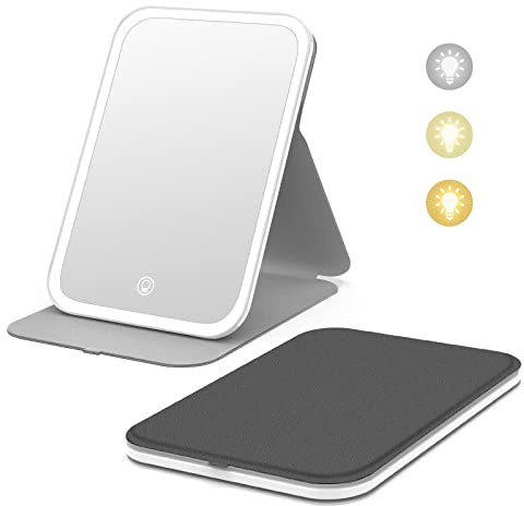 Kintion Travel Makeup Mirror, Portable LED Lighted Makeup Mirror, 360° Rotation Touch Screen, 3-Color Dimmable Lighting, Rechargeable Tabletop Folding Vanity Mirror, Black