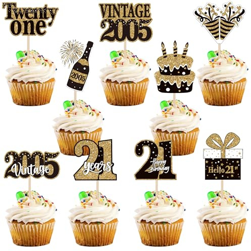 36 Stück 21 Geburtstag Tortendeko Vintage 2005 Cupcake Toppers Twenty-one Happy Birthday Kuchen Deko 21&Fabulous Cupcake Dekorationen für 21 Geburtstag Jubiläums Party Kuchen Dekorationen