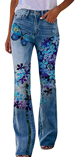 Fulidngzg Schlaghose Damen Jeans Mit Stickerei Gymnastikhose Stoff Sportleggins Palazzo Boho Strandhose Weites Bein Bunt Caprihose High Waist Sporthose Yogahose Jazzpants 70er Freizeithose Sommerhose